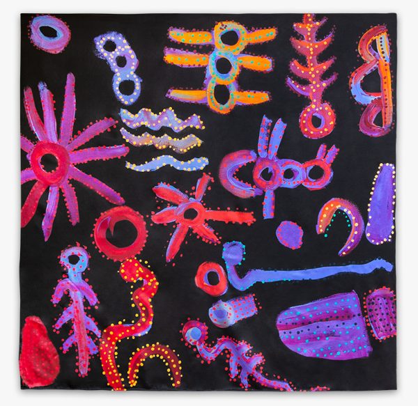 Silk Scarf - Bush Trip by Aboriginal artist Cassaria Hogan made by One of Twelve and available from Songlines Art Gallery in Darwin Australia