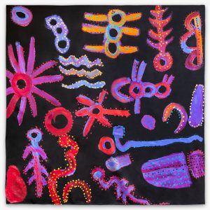 Silk Scarf - Bush Trip by Aboriginal artist Cassaria Hogan made by One of Twelve and available from Songlines Art Gallery in Darwin Australia
