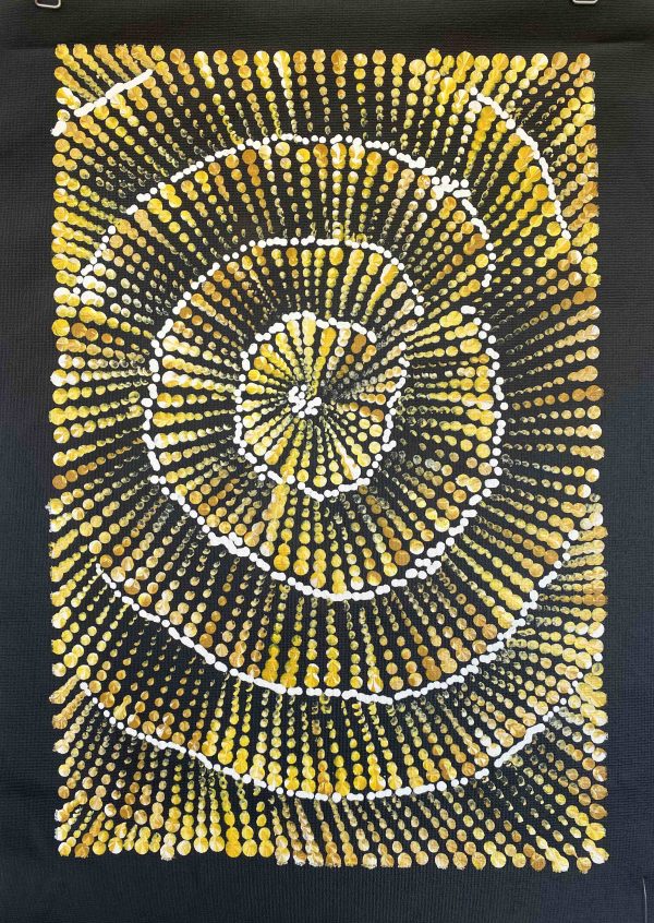 Acrylic Painting by Aboriginal artist Maria Nampijinpa Brown from Yuendumu about the Flying Ant Creation Story at Songlines Darwin