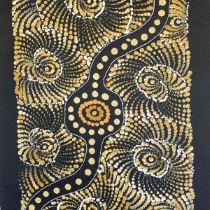 Painting by Maria Nampijinpa Brown Aboriginal artist from Yuendumu at Songlines Darwin