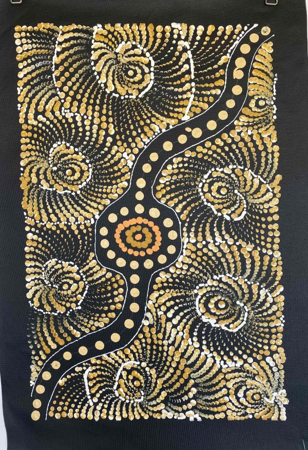 Painting by Maria Nampijinpa Brown Aboriginal artist from Yuendumu at Songlines Darwin