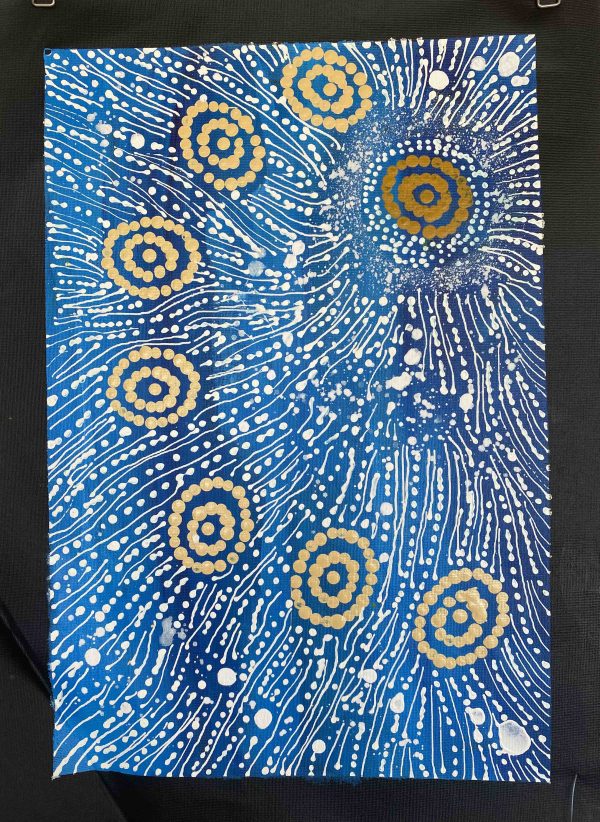 Acrylic Painting by Aboriginal artist Maria Nampijinpa Brown from Yuendumu about the Seven Sisters at Songlines Darwin