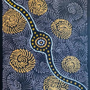 Painting by Maria Nampijinpa Brown from Yuendumu about the Flying Ant Ancestor at Songlines Darwin