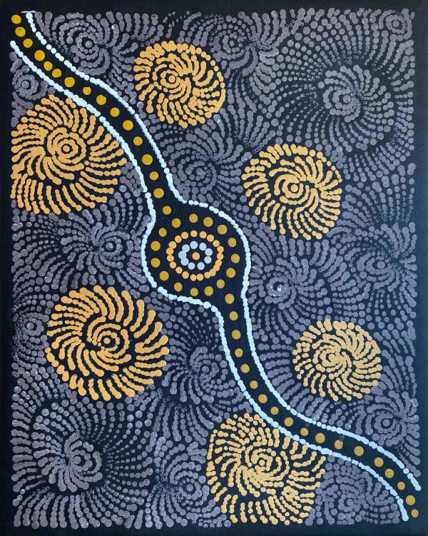 Painting by Maria Nampijinpa Brown from Yuendumu about the Flying Ant Ancestor at Songlines Darwin
