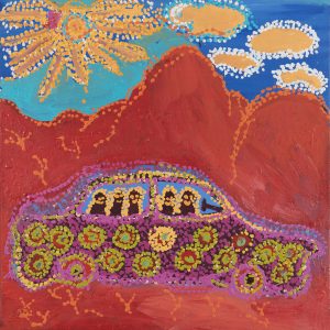Painting of a family going to the football by Beverley Cameron from Kaltjiti Arts at Songlines Darwin