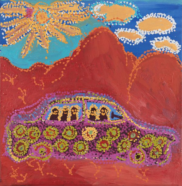 Painting of a family going to the football by Beverley Cameron from Kaltjiti Arts at Songlines Darwin