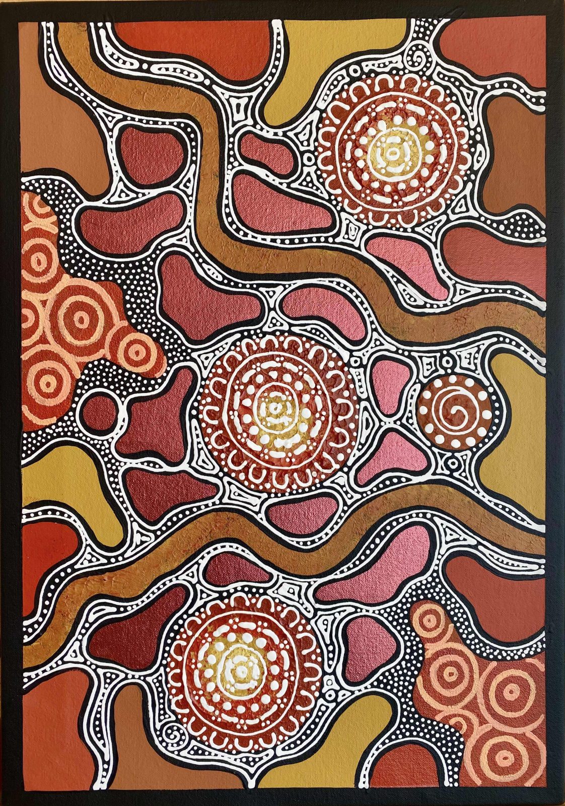 Marie Napurrula's dot painting Grandmothers Journey telling a story of her ancestor who was stolen generations at Songlines art gallery Darwin