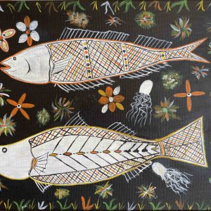 Peter Julun fish painting at Songlines Aboriginal art Darwin Gallery