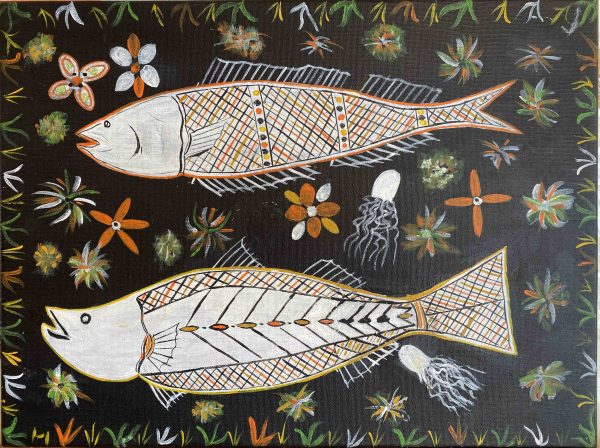 Peter Julun fish painting at Songlines Aboriginal art Darwin Gallery