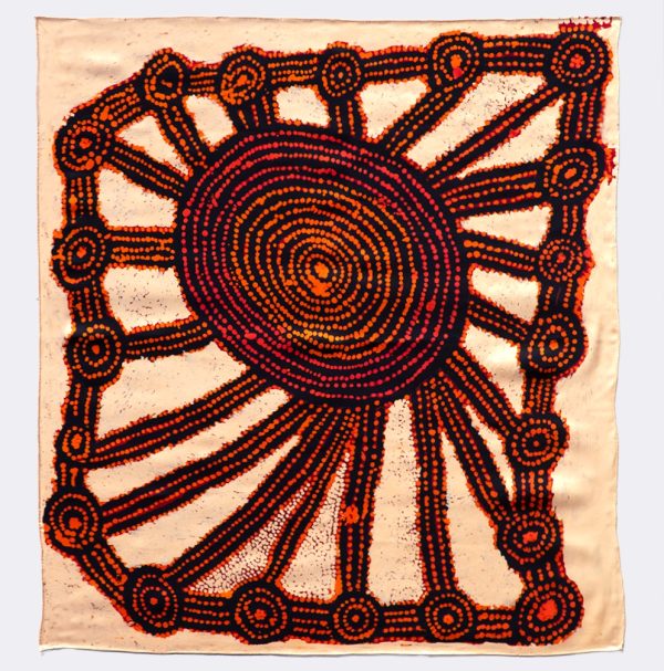 Silk Scarf by Aboriginal artist Willy Tjungurrayi made by One of Twelve and available from Songlines Art Gallery in Darwin Australia