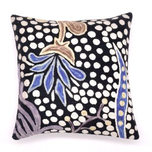 40 cm square cushion cover embroidered with wool in chainstitch designed by Bianca Gardiner Dodd. The colours are black with white dots and blue feature images.