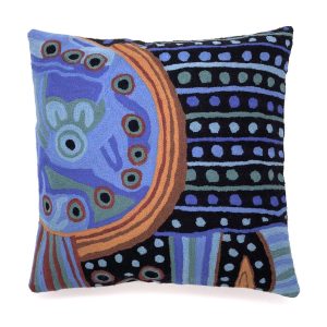 40 cm square cushion cover embroidered with wool in chainstitch designed by Aboriginal artist Julie Woods from Papulankutja WA. The colours are shades of blue and black with a half circle of orange and red