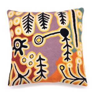 wool hand embroidered cushion cover designed by Paddy Japaljarri Stewart of Warlukurlangu Artists in Yuendumu and made by Better World Arts. Available from Songlines Gallery Darwin