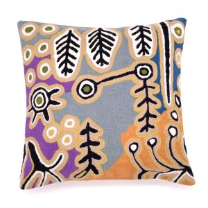 wool hand embroidered cushion cover designed by Paddy Japaljarri Stewart of Warlukurlangu Artists in Yuendumu and made by Better World Arts. Available from Songlines Gallery Darwin