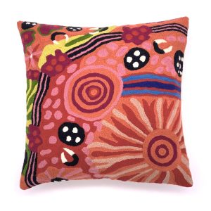 Wool chain stitch cushion cover designed by Aboriginal artists Damien and Yilpi Marks of the APY Lands and made by Better World Arts. Available from Songlines Gallery in Darwin