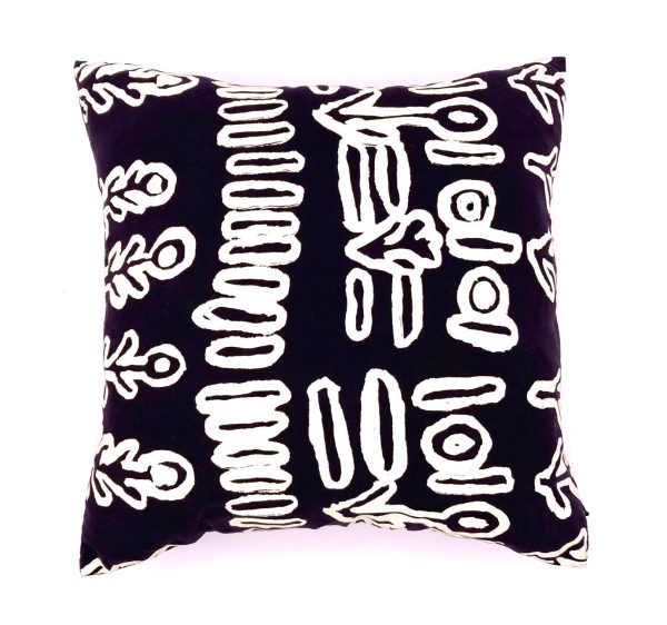 fabric cushion cover designed by Aboriginal artist Anmanari Nolan of Ikuntji Artists and hand printed in Australia. Available at Songlines Gallery in Darwin