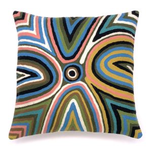 Wool chain stitch cushion cover designed by Aboriginal artist Rama Sampson and made by Better World Arts. Available from Songlines Gallery in Darwin