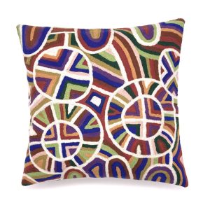 Wool chain stitch cushion cover designed by Aboriginal artist Samuel Miller of Ninuku Arts and made by Better World Arts. Available from Songlines Gallery in Darwin