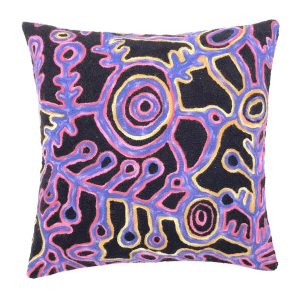 40 cm square cushion cover embroidered with wool in chainstitch designed by Theo Nangala Hudson. The colours are black, blue and tones of red with concentric circles and leaf like images