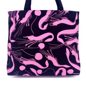 Frida bag made from hand printed fabric from Injalak Arts in Wakih shrimp prawn design by Flying Fox Fabrics