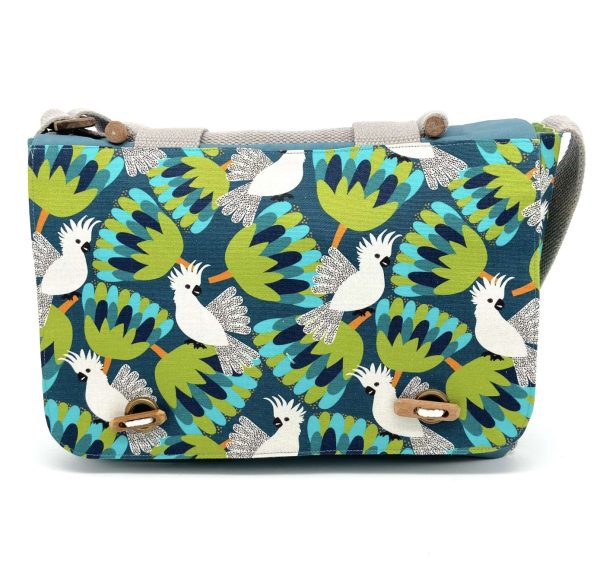 Jules satchel with Cockatoo Birds fabric designed by Jocelyn Proust Songlines Darwin Flying Fox Fabrics